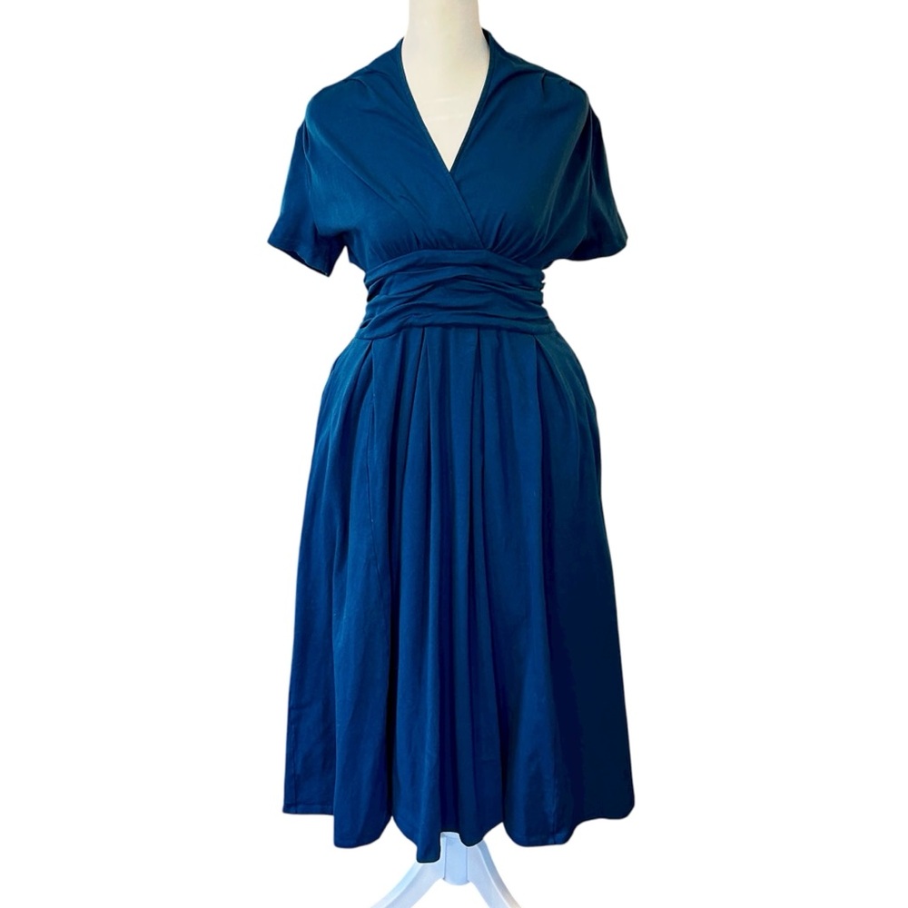 Eshakti Blue Midi Dress, Short Sleeve Fit & Flare Dress with Pockets, Medium / 8